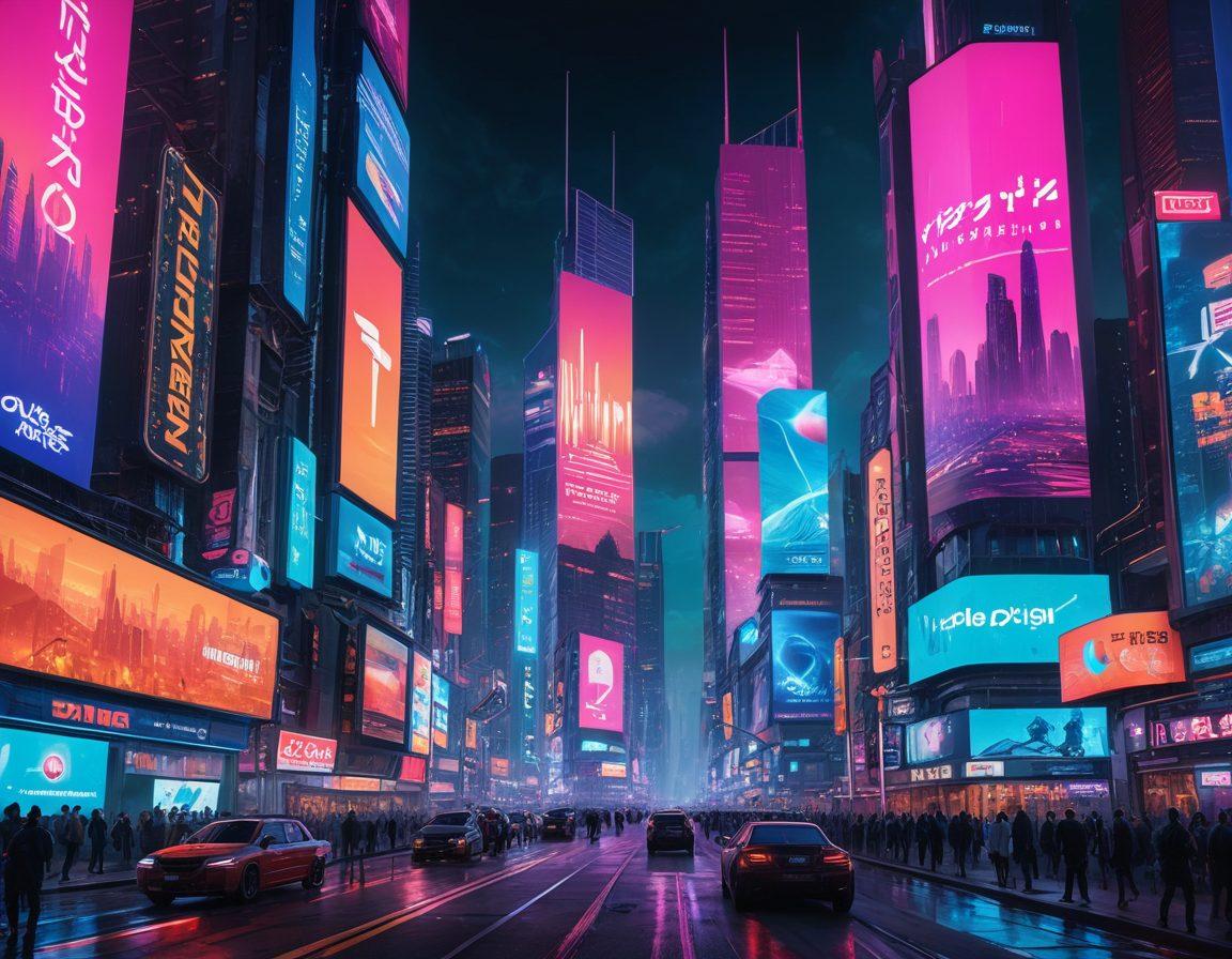 A futuristic cityscape representing the digital landscape, featuring vibrant billboards showcasing online series and interactive media. The skyline is alive with holographic screens depicting various genres of shows, surrounded by people engaging with VR headsets and mobile devices. Bright neon lights and a twilight sky add a dynamic atmosphere, hinting at innovation and creativity. futuristic, cyberpunk, vibrant colors, 3D.