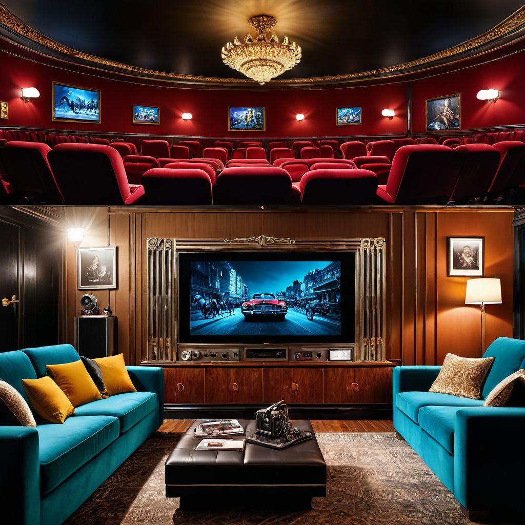A dynamic scene depicting a vintage cinema transforming into a modern streaming setup. One side features a classic theater with velvet seats and a film reel, while the other showcases a cozy living room with a large TV, streaming devices, and diverse people enjoying shows on their devices. Vibrant colors enhance the contrast between the past and present, symbolizing the evolution of entertainment. super-realistic. vibrant colors. digital art.