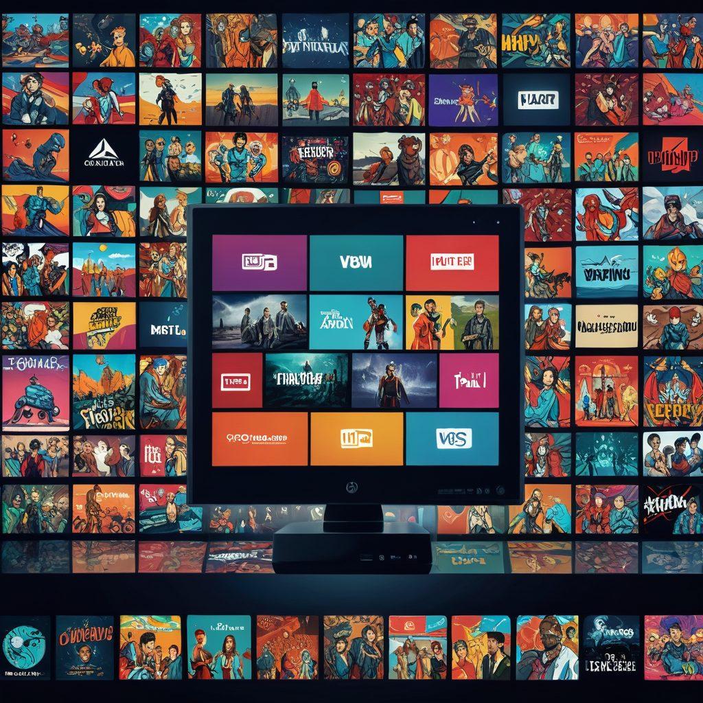 A visually captivating timeline showcasing the evolution of online series, transitioning from early web series on a computer screen to modern streaming service logos on a smart TV. Include iconic scenes or characters from notable web series and streaming platforms, intertwined with digital elements like play buttons and wi-fi signals. The background should represent a digital landscape with vibrant colors, making it dynamic and engaging. vector art. vibrant colors.